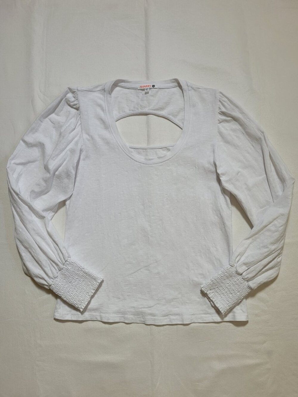 Sundry White Open Back Puff Sleeve Smocked Cuff Blouse Top Coquette Small - Picture 2 of 11